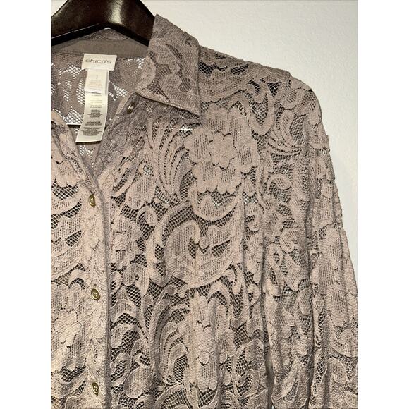 Chicos Blouse Womens Medium Taupe Lace Floral Feminine Romantic Button Up - Picture 3 of 11